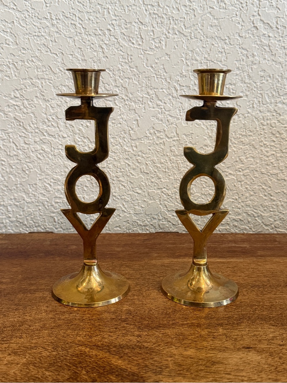 Vtg International Silver Co. Solid Brass JOY Candlestick Holders Set of 2 India